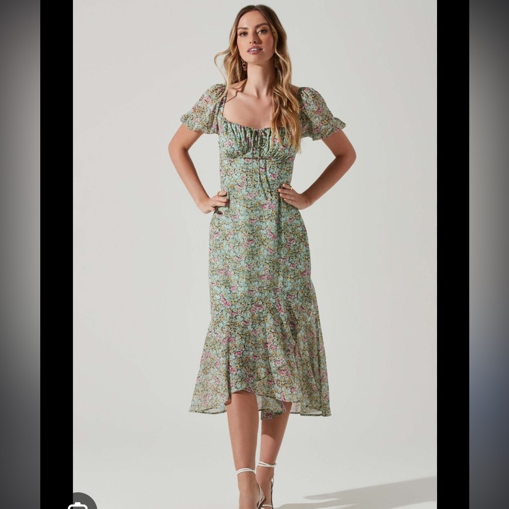 NWT Aida Floral Puff Sleeve Midi Dress - Green pink floral - by Astr the Label